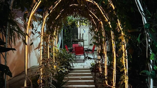 An indoor pathway with wooden flooring, surrounded by lush greenery and illuminated by string lights. - APARTA HOTEL PALMEROLA (Comayagua)