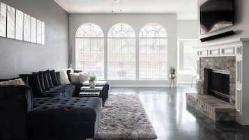 Télévision, cheminée, espaces bureaux