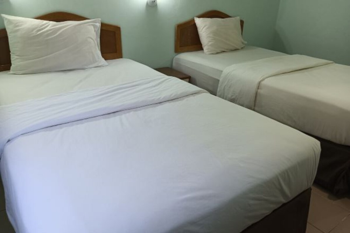 Two single beds with wooden headboards, a nightstand, and a wall-mounted light fixture.