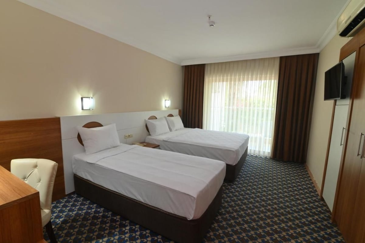 A hotel room with two single beds, a wooden desk, a chair, a TV, and a patterned carpet.