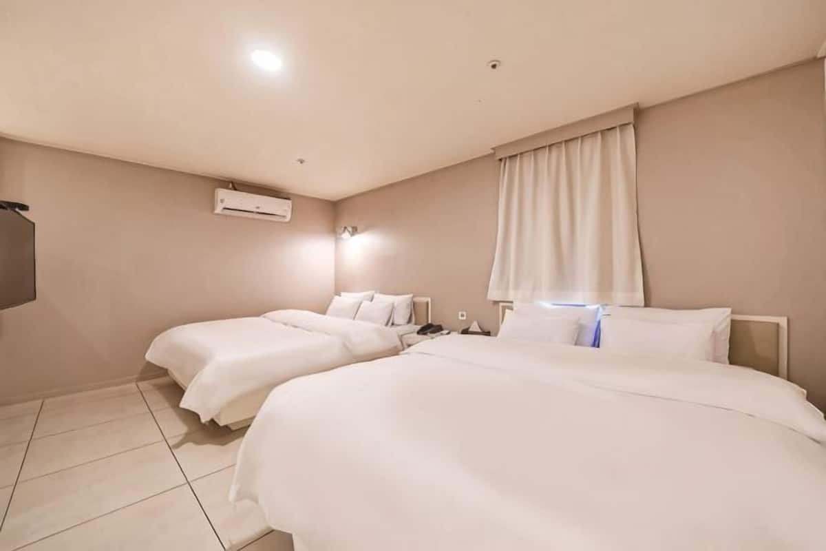Habitación de hotel con dos camas, un televisor de pantalla plana, un equipo de aire acondicionado y una ventana con cortinas.