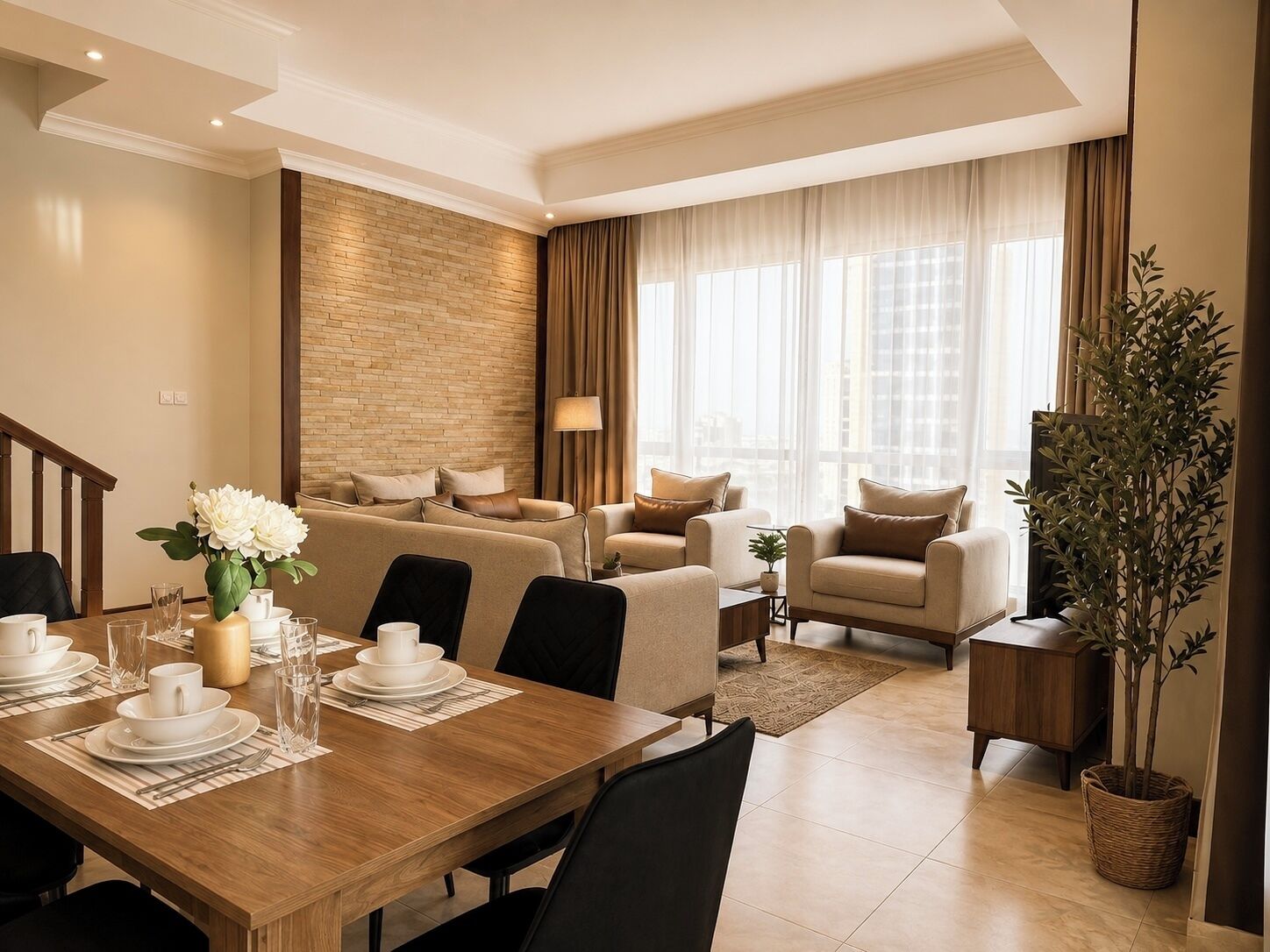 Una sala de estar moderna con comedor, que presenta una mesa de madera para cuatro personas, un conjunto de sofá, una pared de ladrillo decorativa y un amplio ventanal con cortinas.