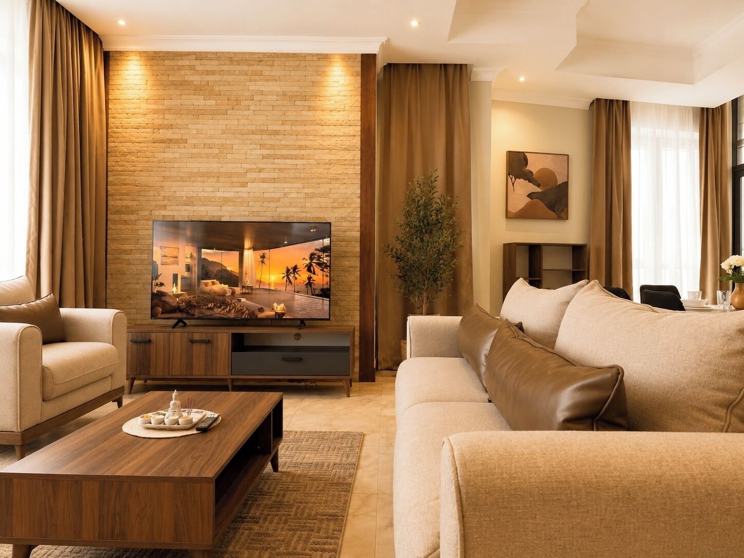 A modern living room with a flat-screen TV, beige sofas, a wooden coffee table, and a brick wall.