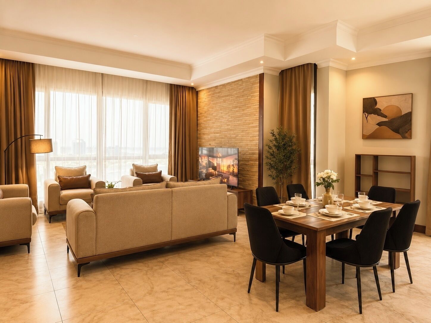 A modern living room with a sofa, a dining table set for six, and a television.