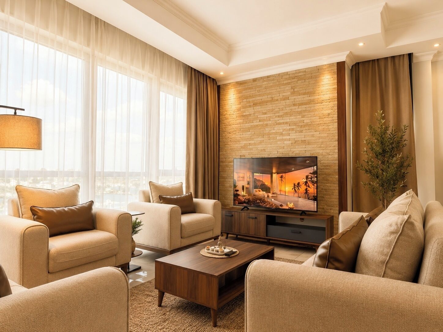 A modern living room with a flat-screen TV, beige sofas, a coffee table, and a city view.