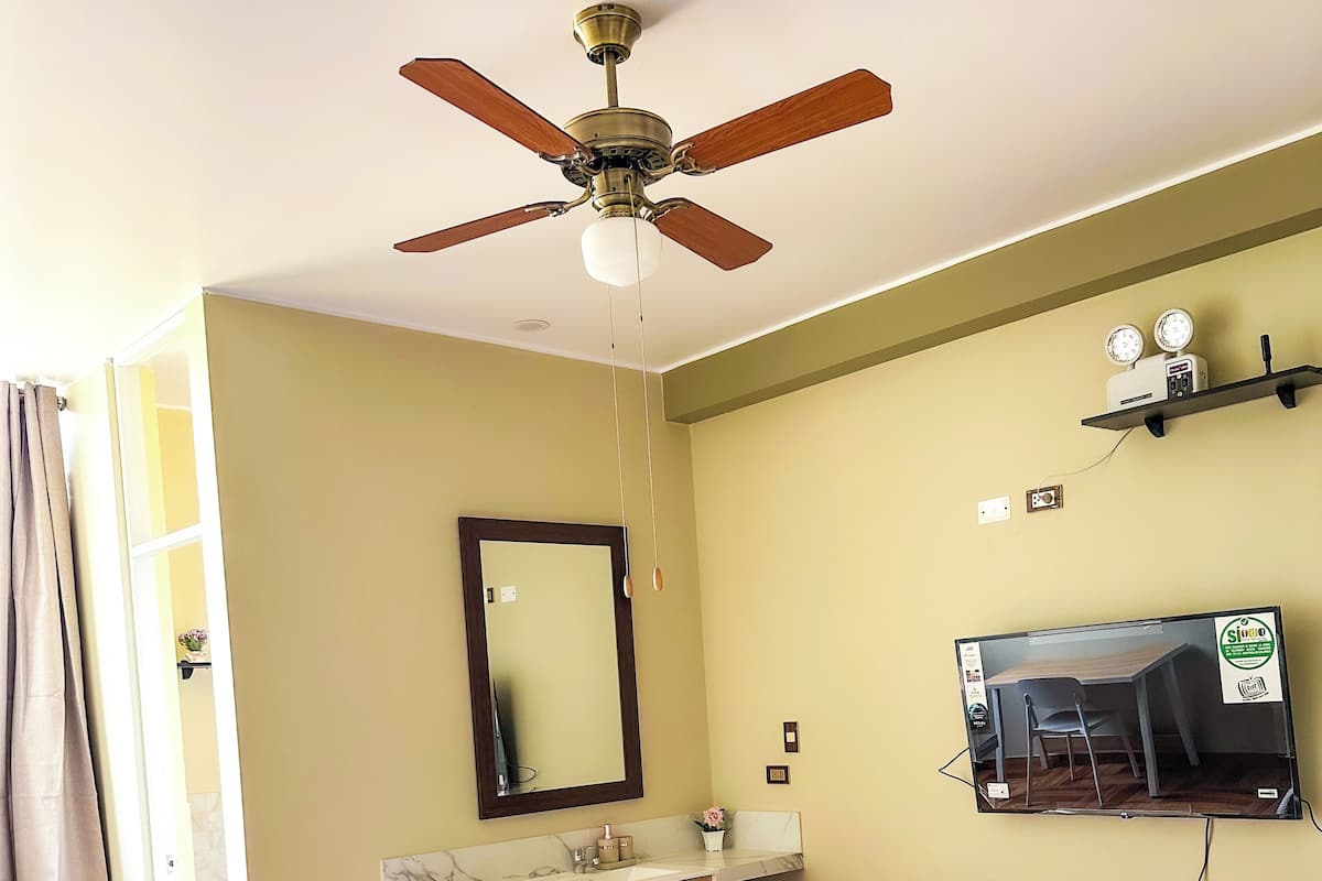 A bedroom with a bed, a ceiling fan, a TV, a mirror, a sink, and a window.