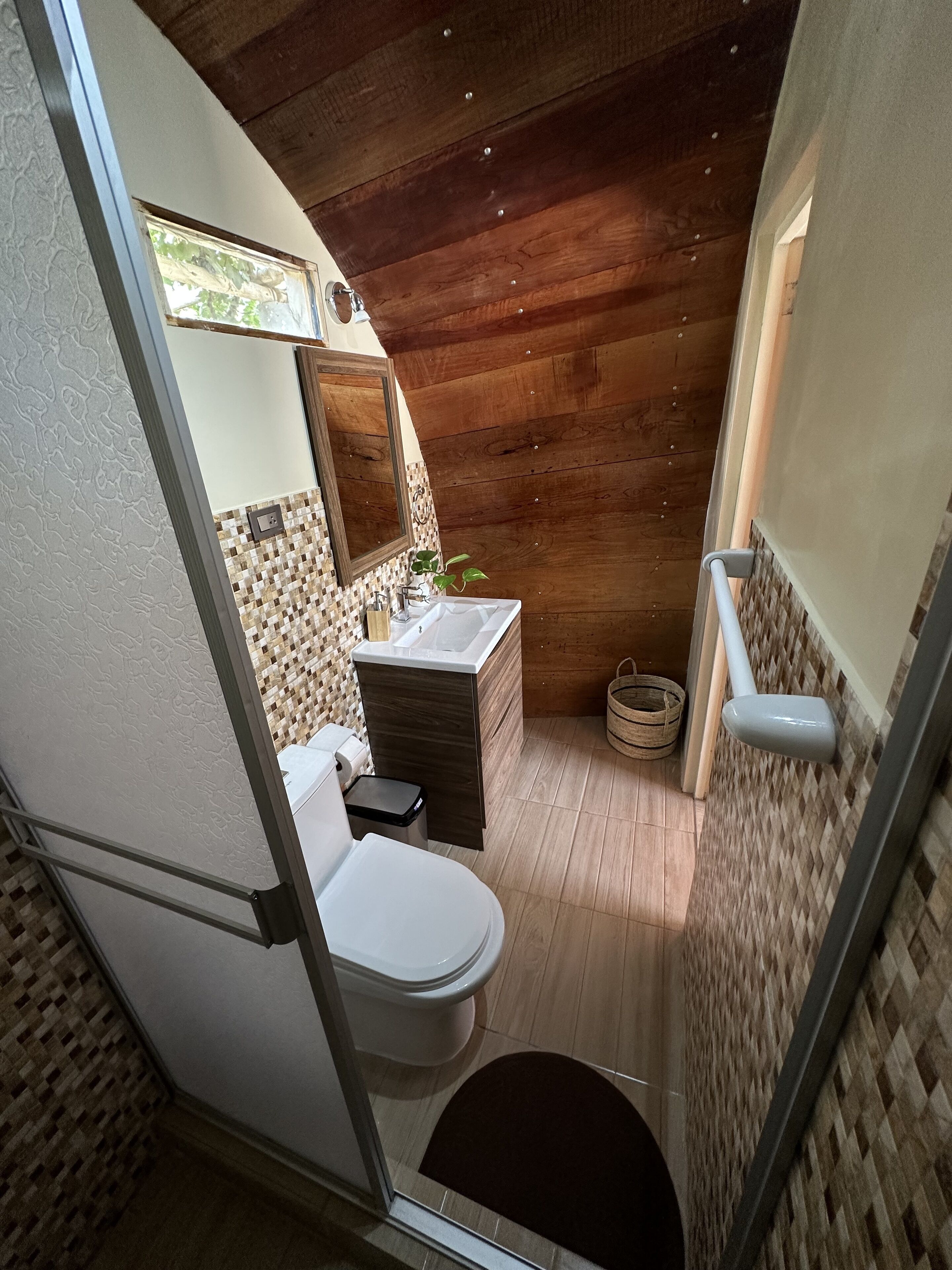 Un baño pequeño con techo de madera, inodoro blanco, lavamanos con espejo y una planta pequeña.