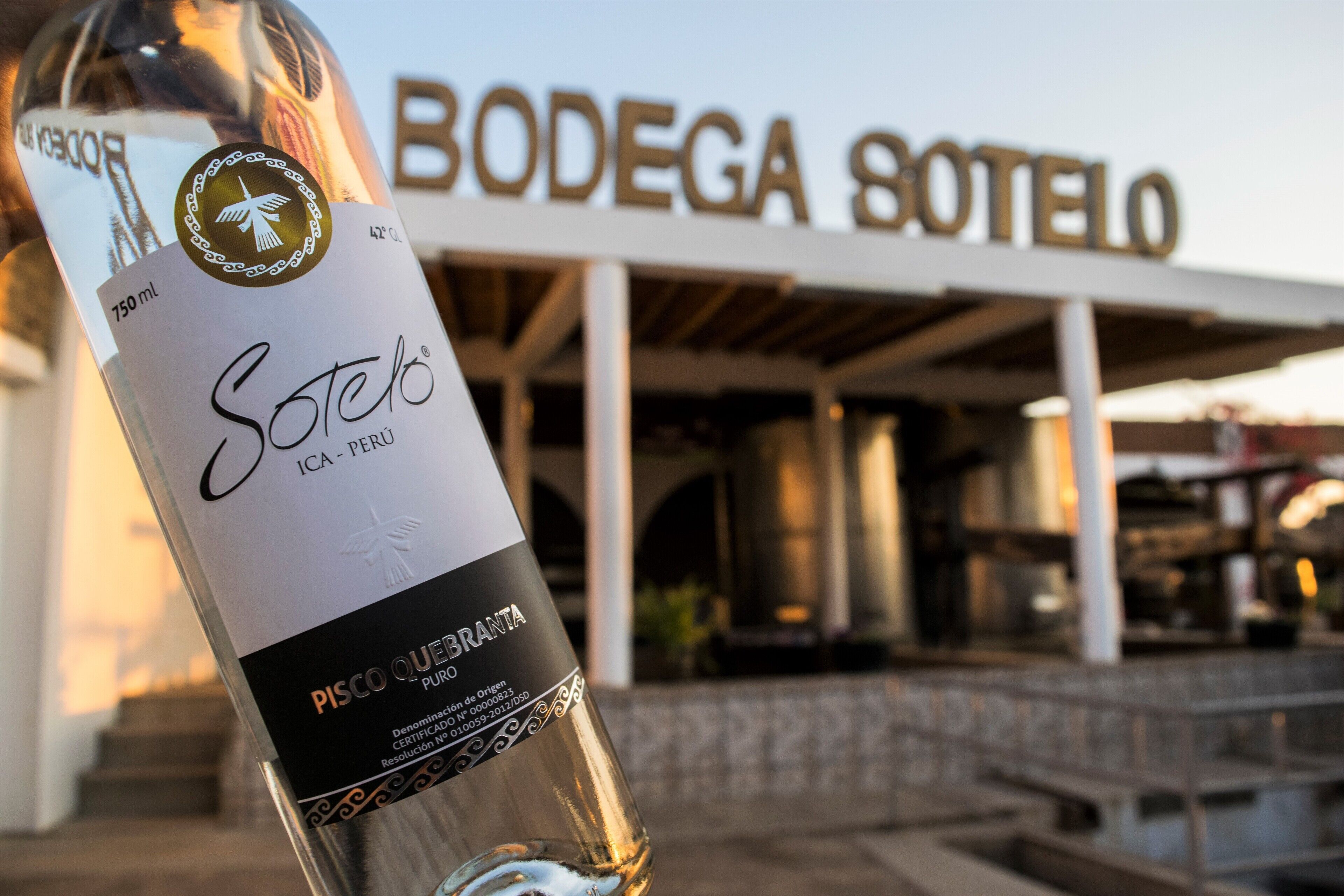 A bottle of Soteo Ica - Peru wine in front of a building with the sign "BODEGA SOTELLO".