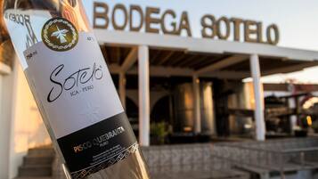 A bottle of Soteo Ica - Peru wine in front of a building with the sign "BODEGA SOTELLO".