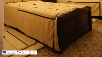 Una camera d'albergo con due letti, un lampadario e una moquette fantasia.