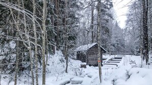 A snow-covered cabin with a wooden exterior, surrounded by dense trees and snow-covered ground.