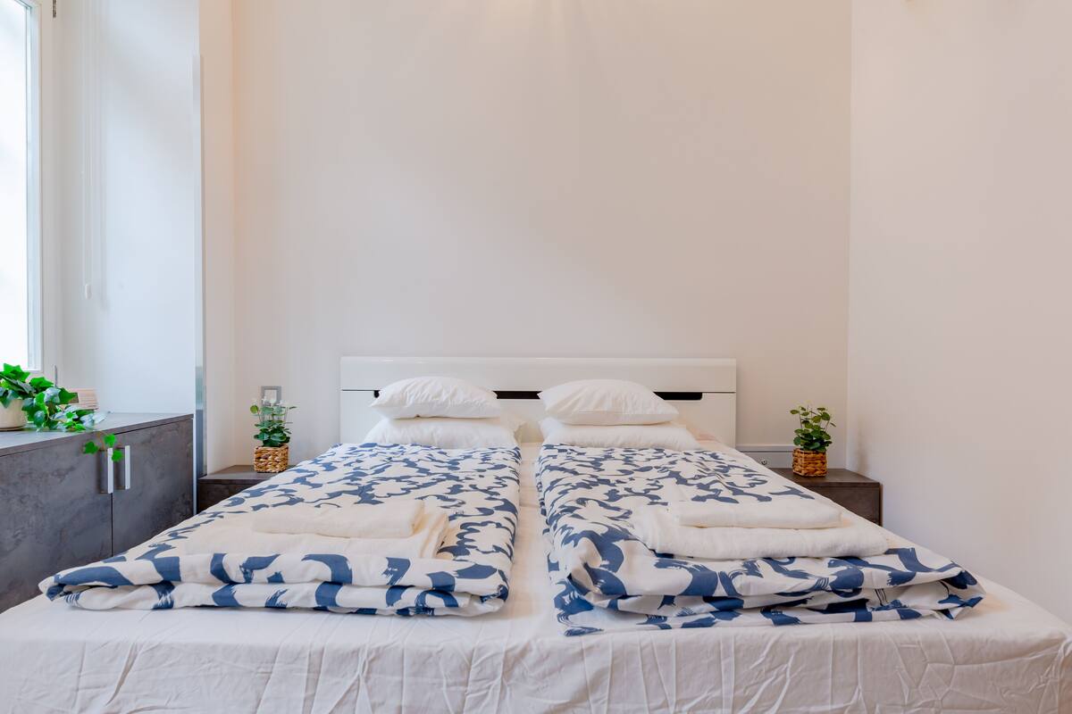 Una cama doble con una colcha blanca y azul estampada, dos almohadas blancas y un cabecero. Hay dos mesitas de noche con pequeñas macetas.