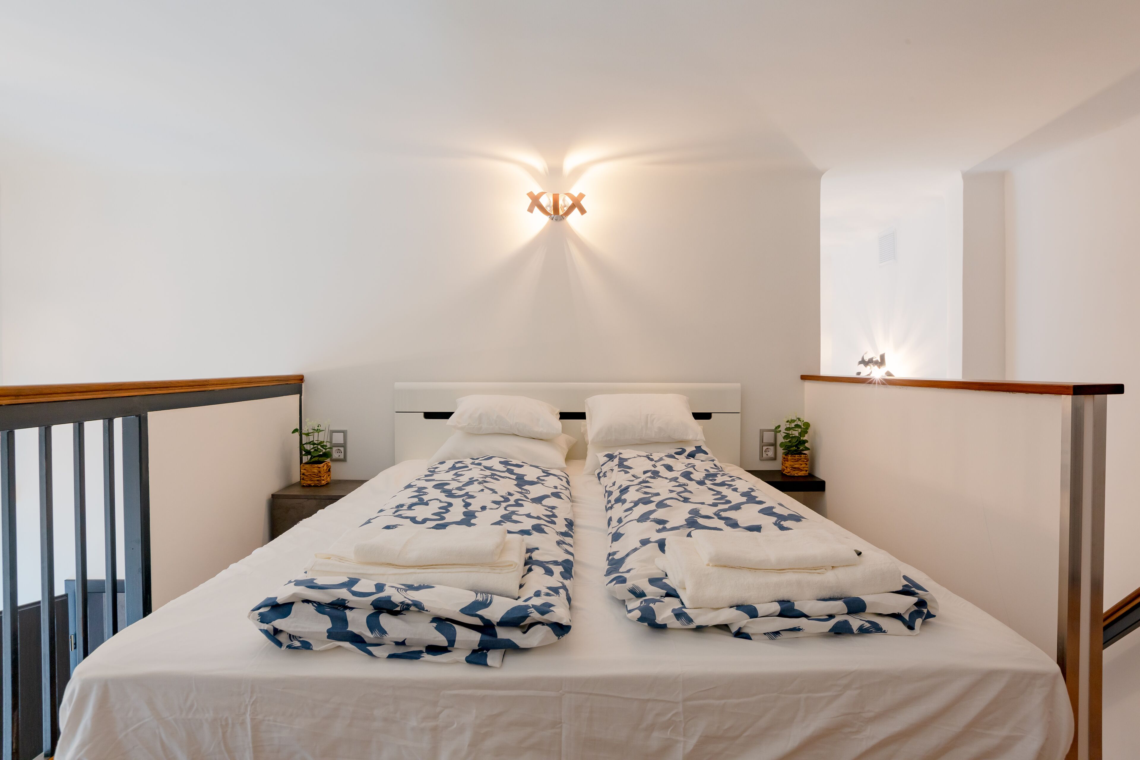 A double bed with white and blue patterned bedding, a wall-mounted light fixture, and a small plant on the nightstand.