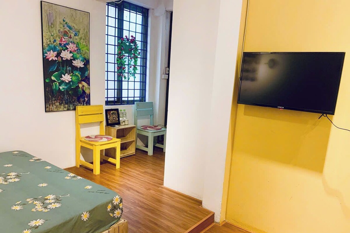 A room with a bed, a chair, a television, and a window with a view of a garden.