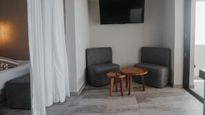 A modern room with a flat-screen TV mounted on the wall, two grey armchairs, a small wooden table, and a large window. - ROOM 7- Romantic 1 Bedroom Ocean Front Condo (El Rebase)