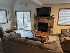 Smart TV, fireplace, video games, DVD player