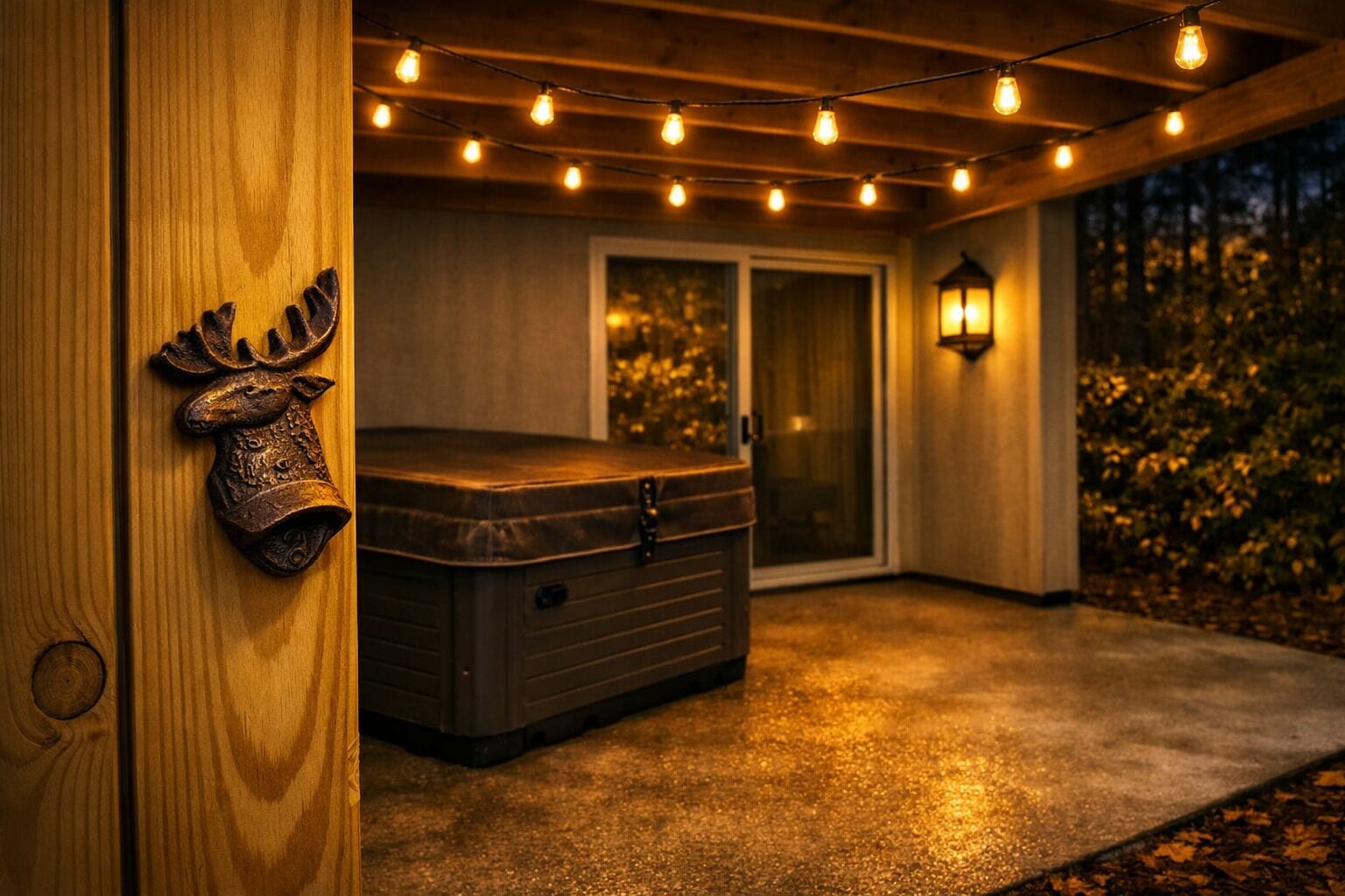 A wooden door with a moose head knocker, a storage chest, and string lights in a covered outdoor area with a sliding glass door and a lantern.