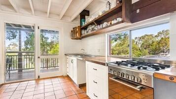 Fridge, microwave, toaster, cookware/dishes/utensils