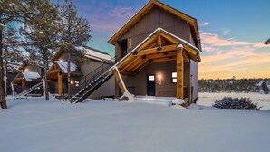 A log cabin-style building with a staircase leading to the entrance, surrounded by snow-covered ground and trees. - Luxury Mountain Villa (Show Low)