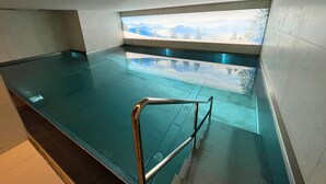 A modern indoor swimming pool with a clear view of mountains through a large window.