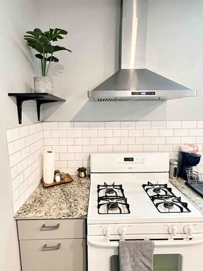 Una cocina con una estufa a gas blanca, un extractor de acero inoxidable, una planta en maceta sobre un estante negro y un rodillo de papel de cocina en la encimera.