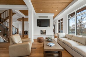 Télévision, cheminée, chaîne hi-fi