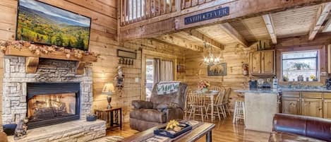 TV, fireplace, foosball