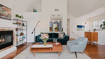 TV, fireplace, books, stereo