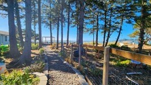 A pathway leading through a garden with a wooden fence and trees, towards a gazebo.