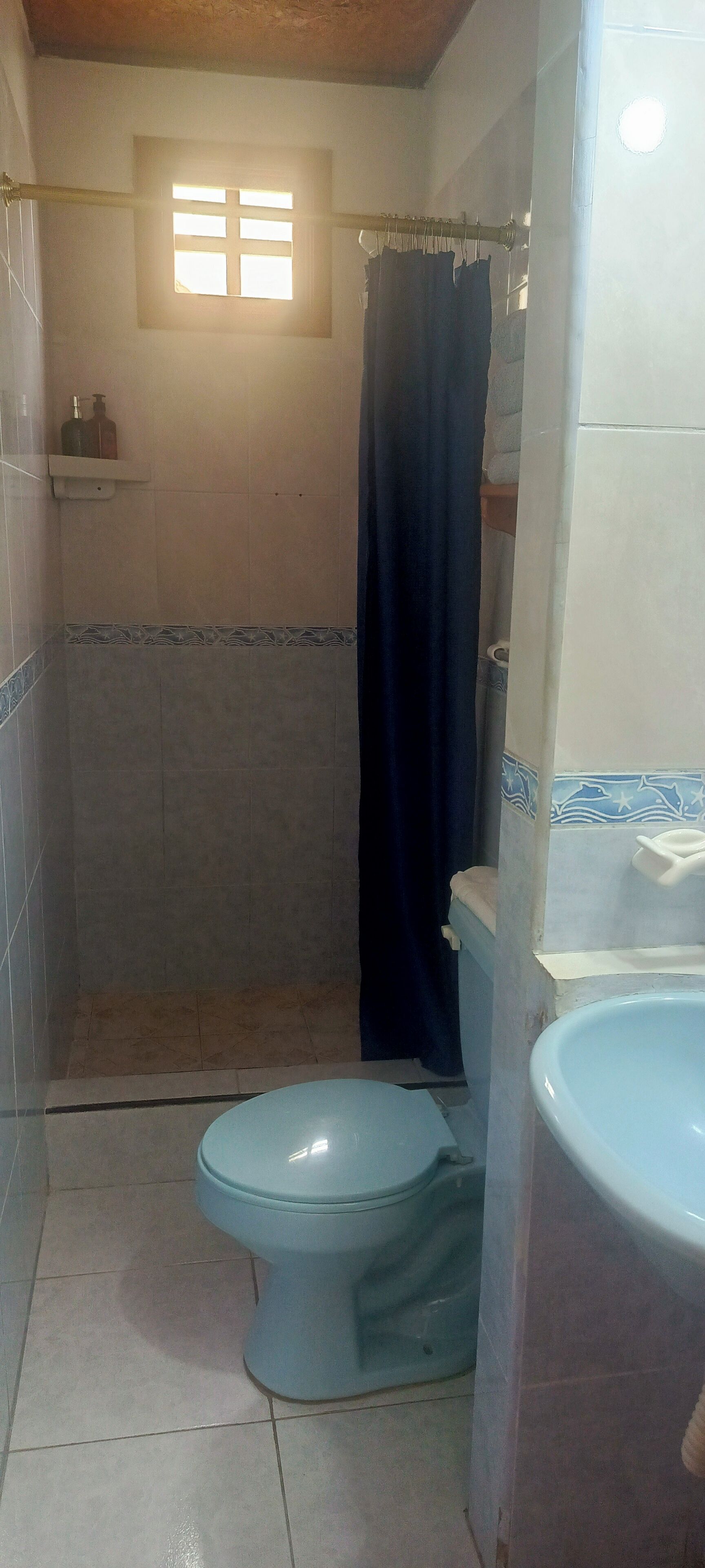 Uma casa de banho com chuveiro, sanita e lavatório.