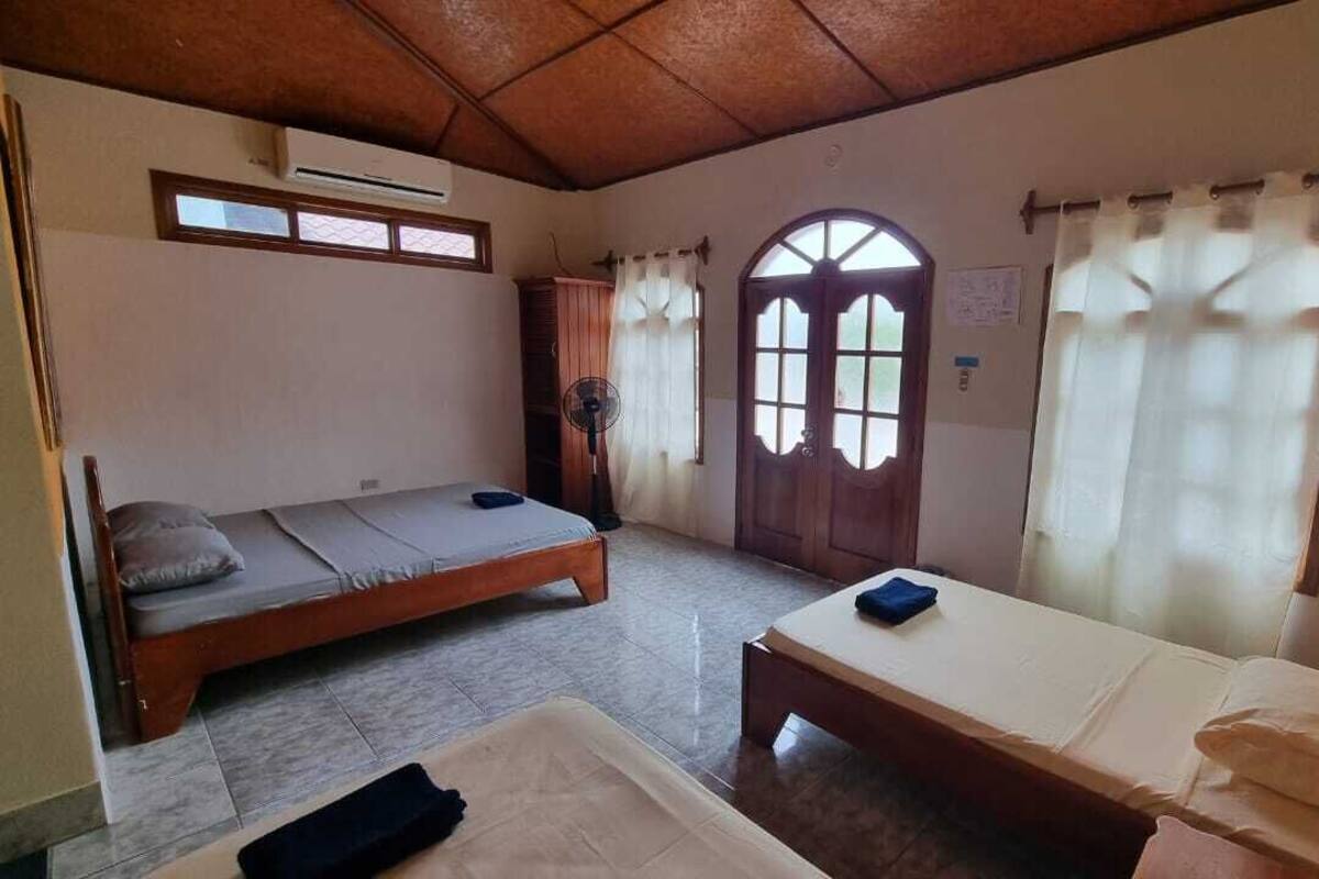 A room with two beds, a fan, a window, and a door.