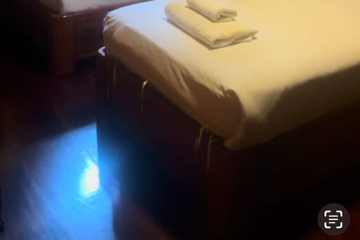 Two single beds with white linens and pillows, a wooden headboard, and a wooden floor.