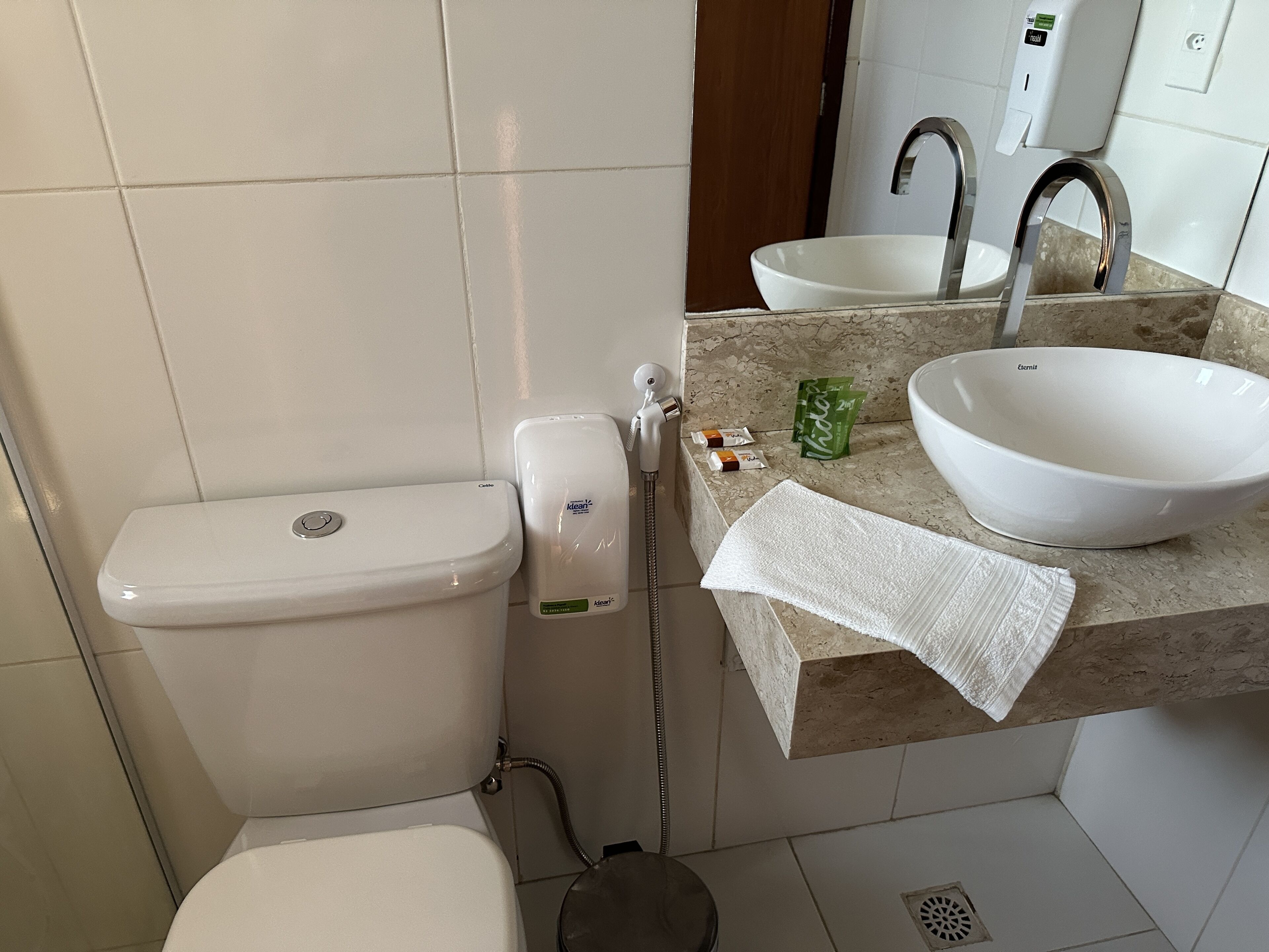 Een badkamer met een toilet, een wastafel en een douche.