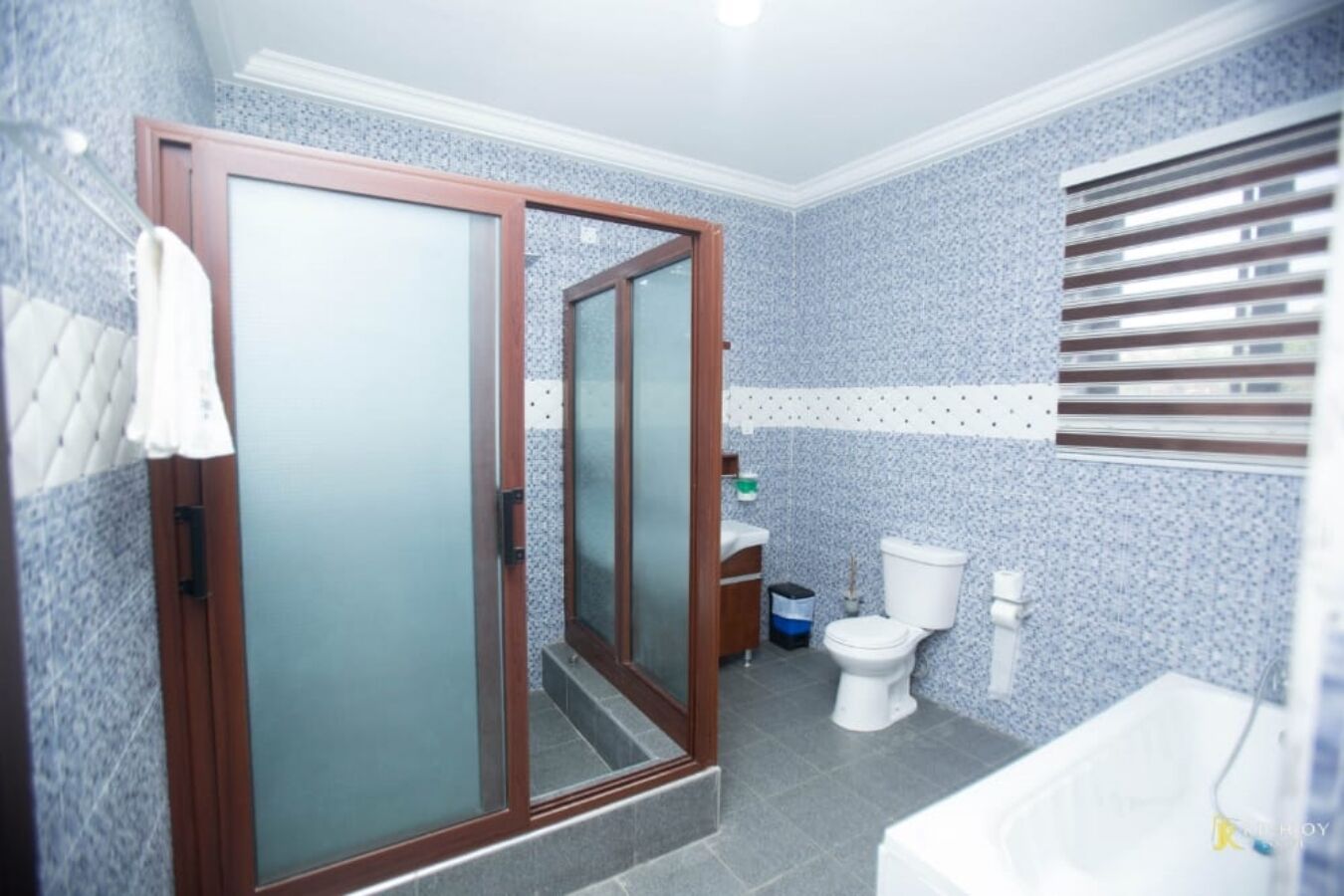 Shower, towels, soap, shampoo