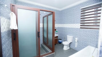 Shower, towels, soap, shampoo