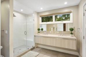 Shower, hair dryer, soap, shampoo