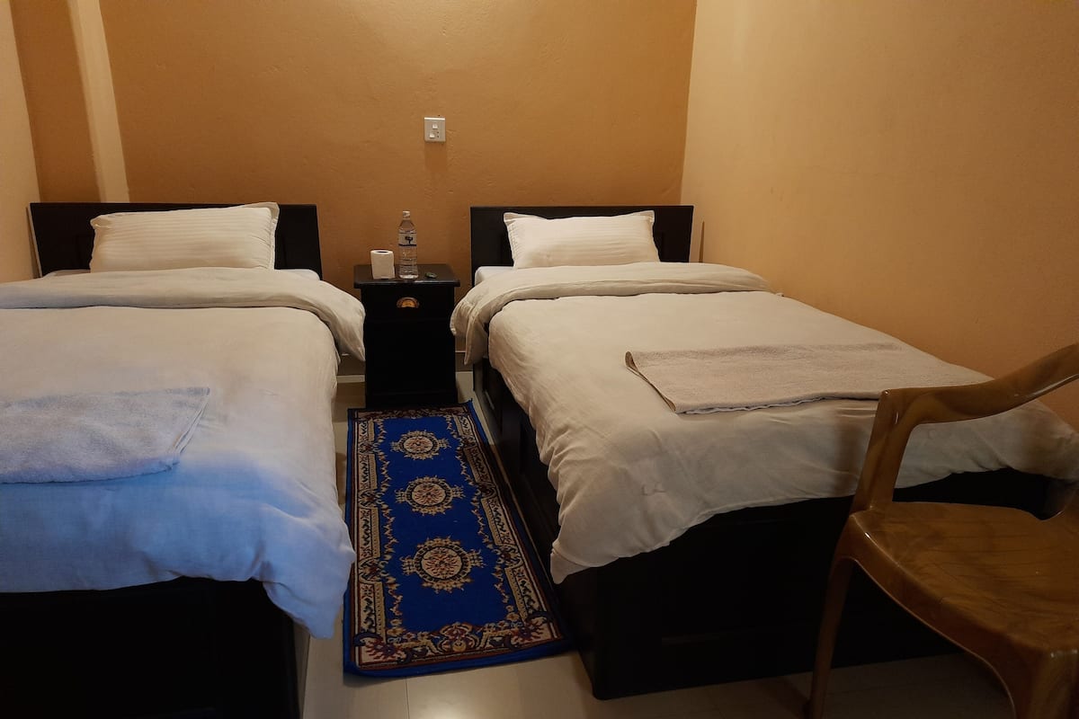 Habitación de hotel con dos camas, una mesita de noche, una silla y una alfombra azul estampada.