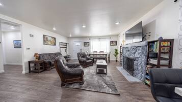 Smart TV, fireplace, books