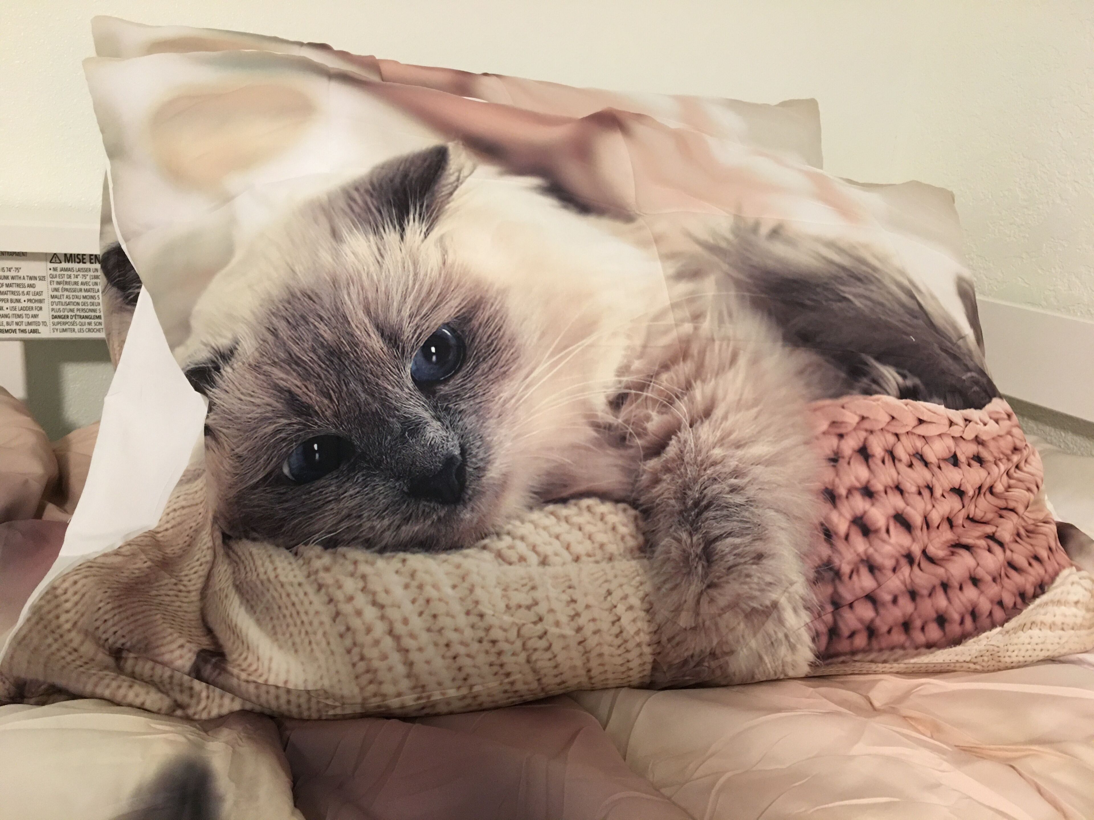 Un lit avec une couverture et un oreiller décorés d’un motif de chat.