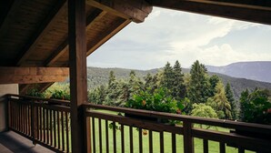 A wooden balcony with a view of a forested mountain range. - Holiday Apartment "Obertimpflerhof Lola" with Mountain View, Private Terrace & Wi-Fi (Verano)