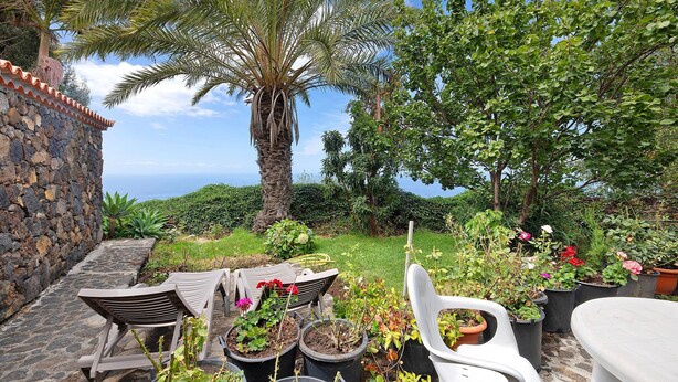 Une terrasse avec des meubles d’extérieur, des plantes en pot et un mur en pierre.