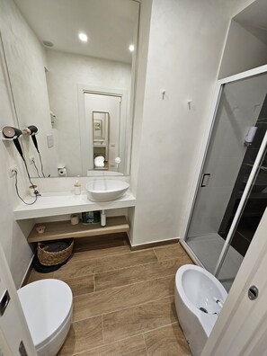 Jetted tub, hair dryer, bidet, towels