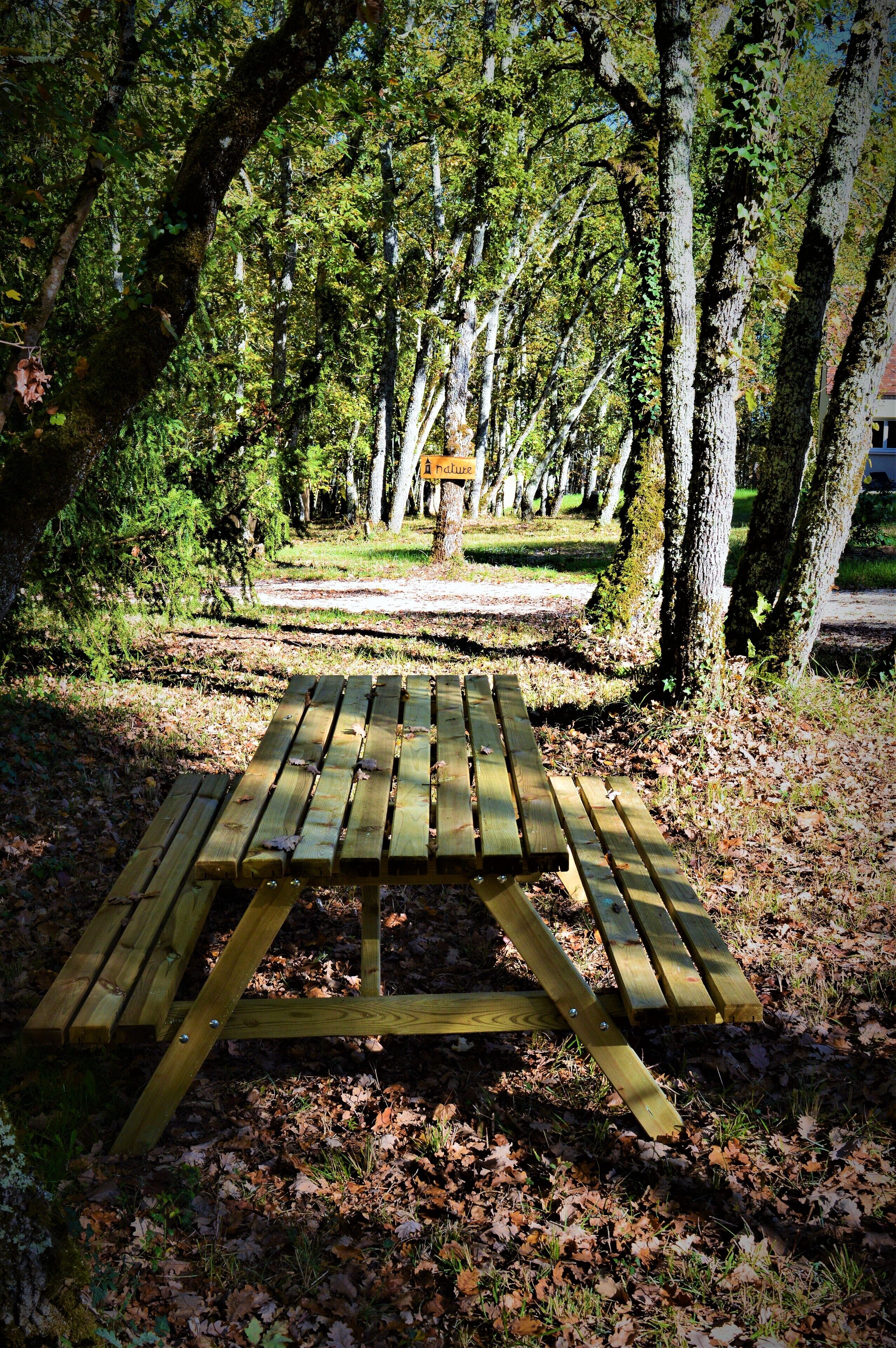 A picnic table in a park with trees and a sign in the background.