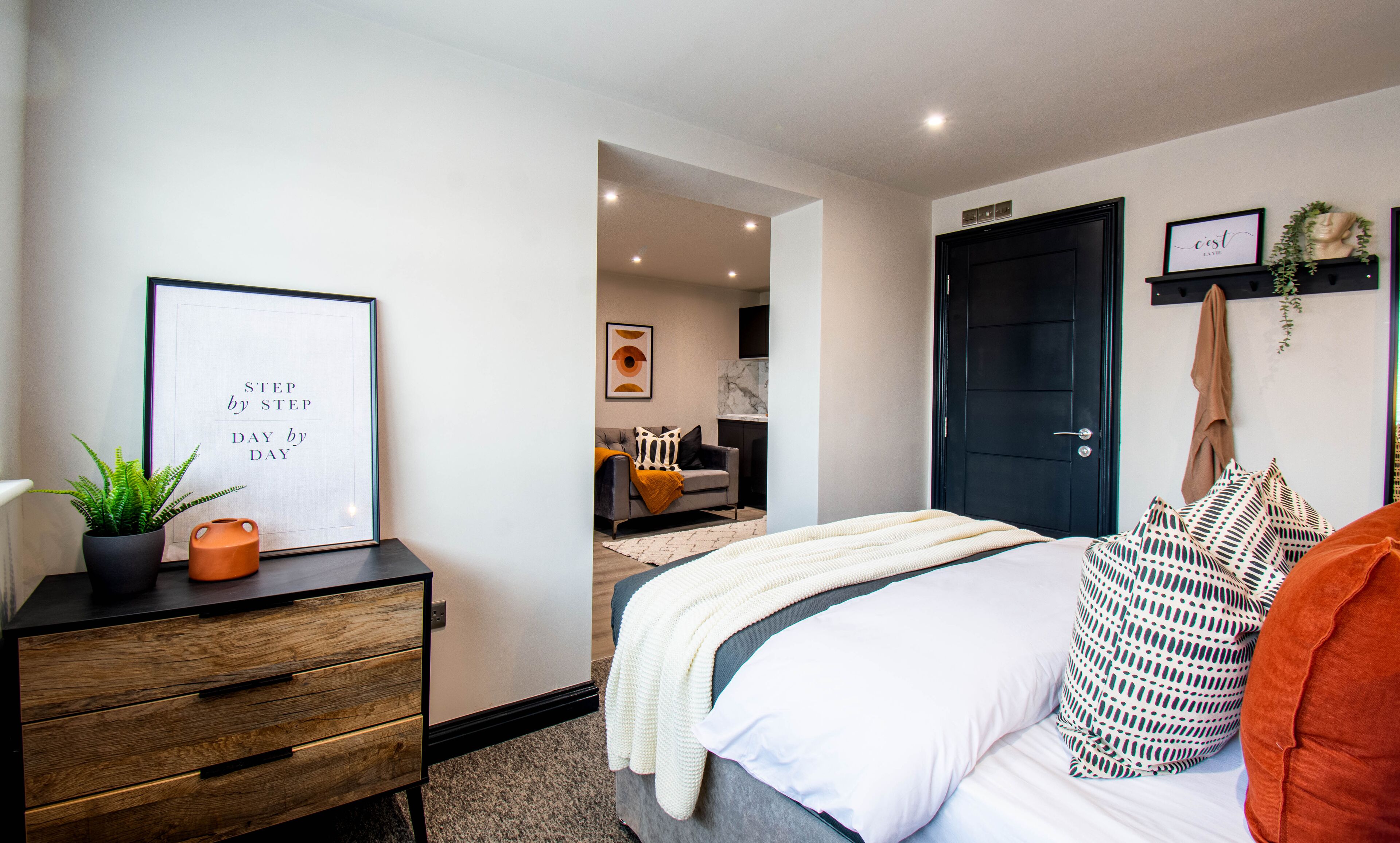 Un dormitorio moderno con una cama, un aparador, un cuadro enmarcado y una puerta.