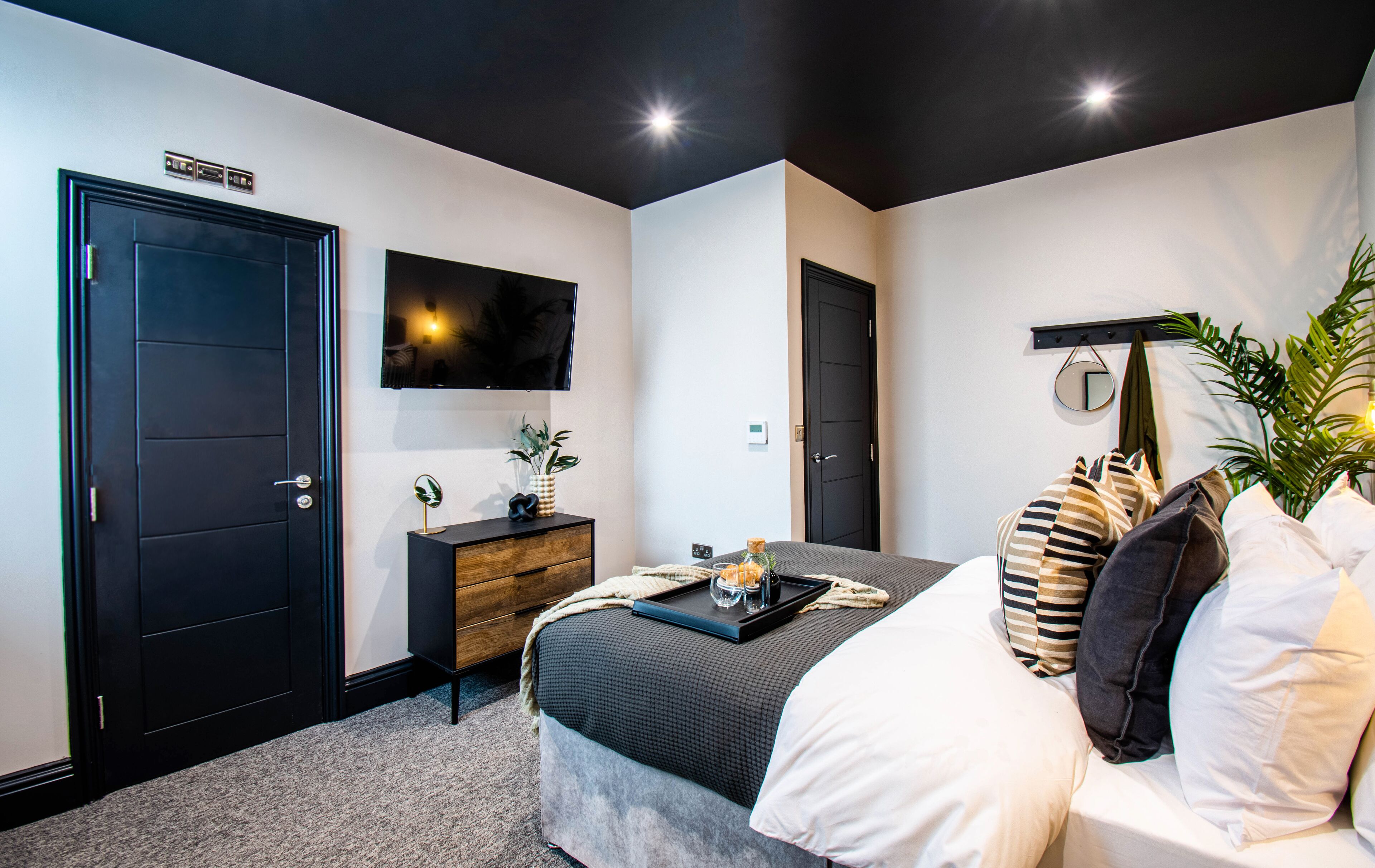 Une chambre à coucher moderne avec un lit, une table de chevet, une télévision et une porte.