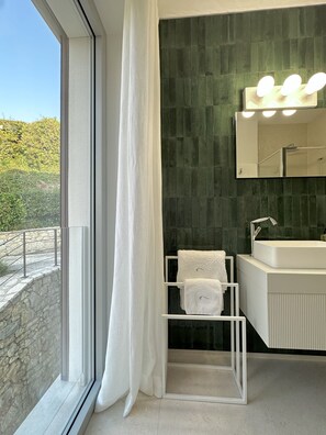Ducha, secador de pelo, bidé y toallas