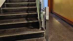 Eine Treppe mit dunklen Stufen und einem Metallgeländer, die zu einem Raum mit einer Holztür und einer Wand mit Musterung führt.