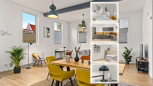 A modern apartment with a dining area, kitchen, and living space.