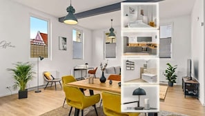 Un appartement moderne comprenant un coin repas, une cuisine et un espace de vie.
