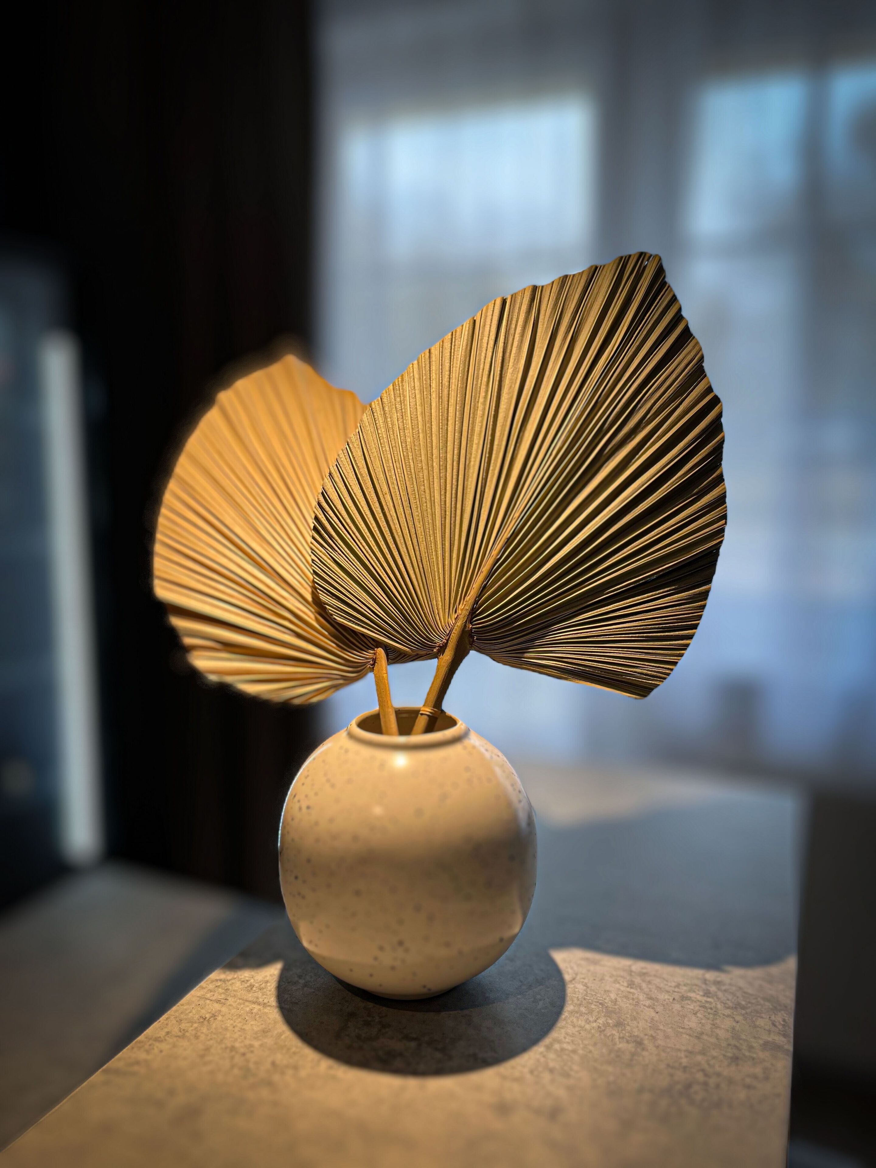 A ceramic vase with two large, fan-shaped leaves on a stone surface.
